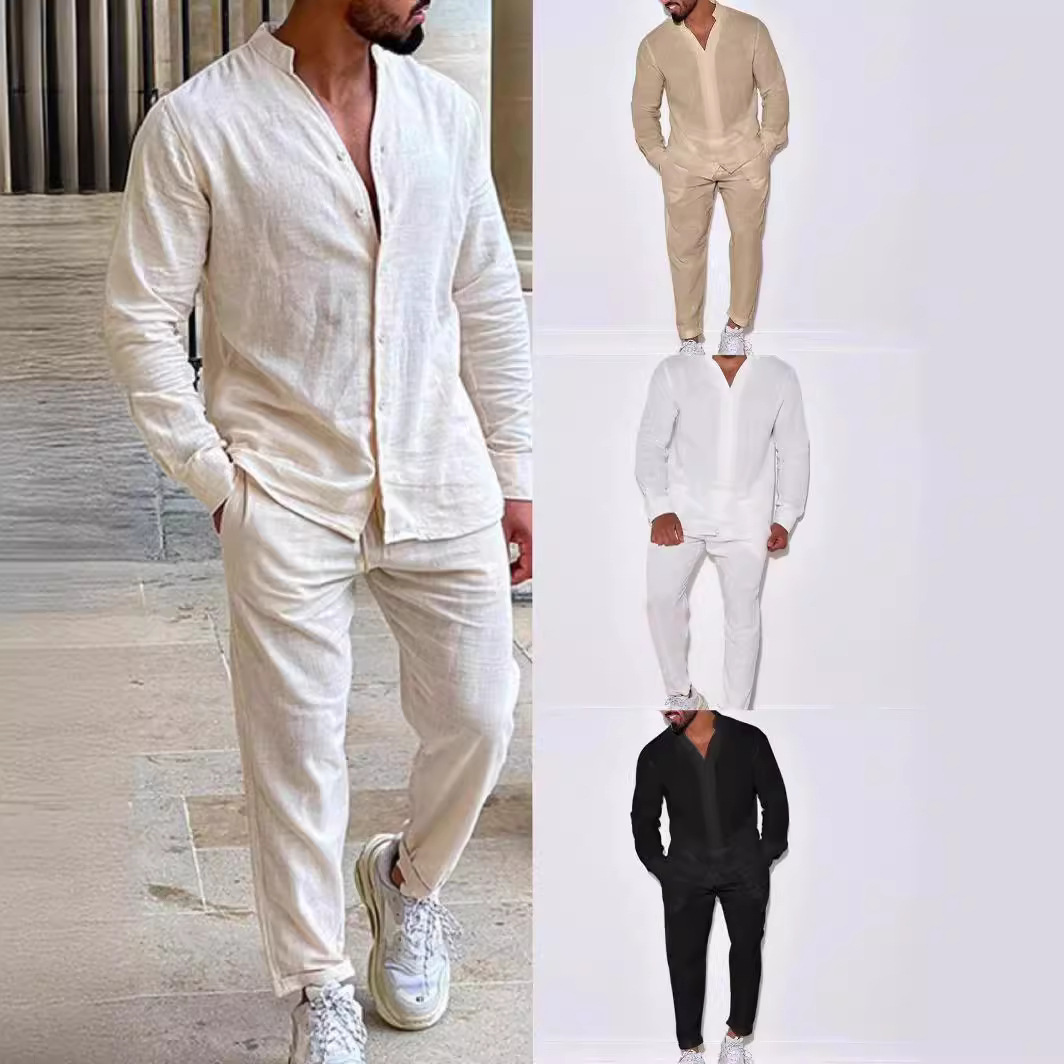 Mens Linen Shirt Long Sleeve - Mens Sets Linen Spring Autumn Leisure