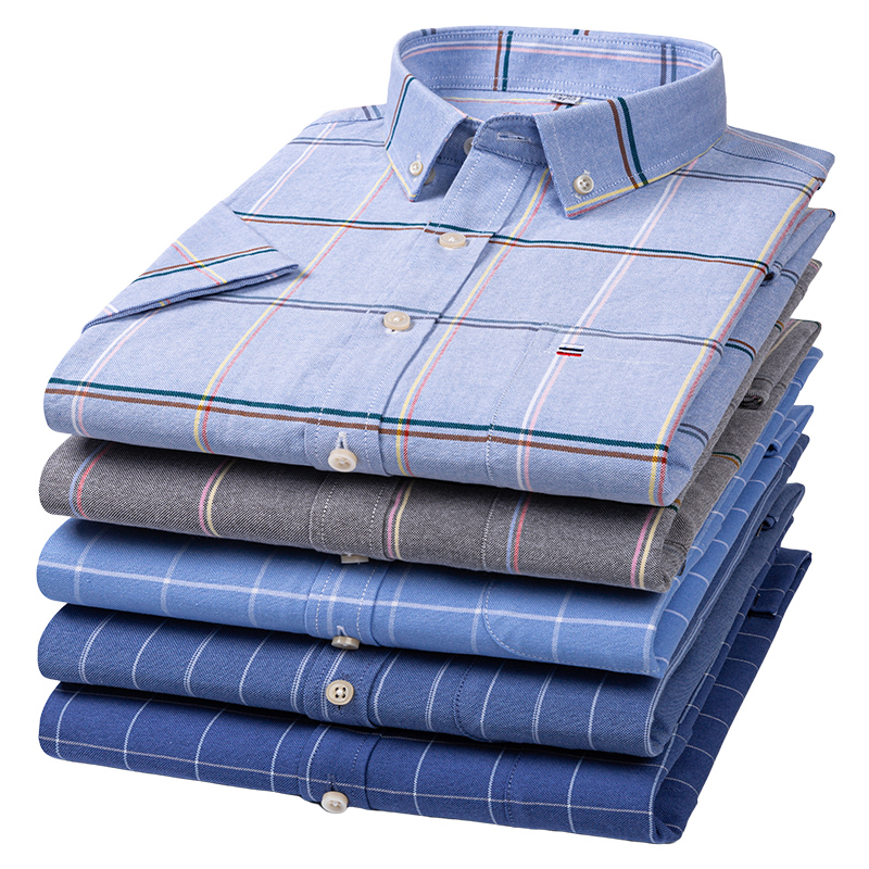 Oxford Cotton Casual Shirt Business - Quality Men Shirt Short Sleeve Plaid