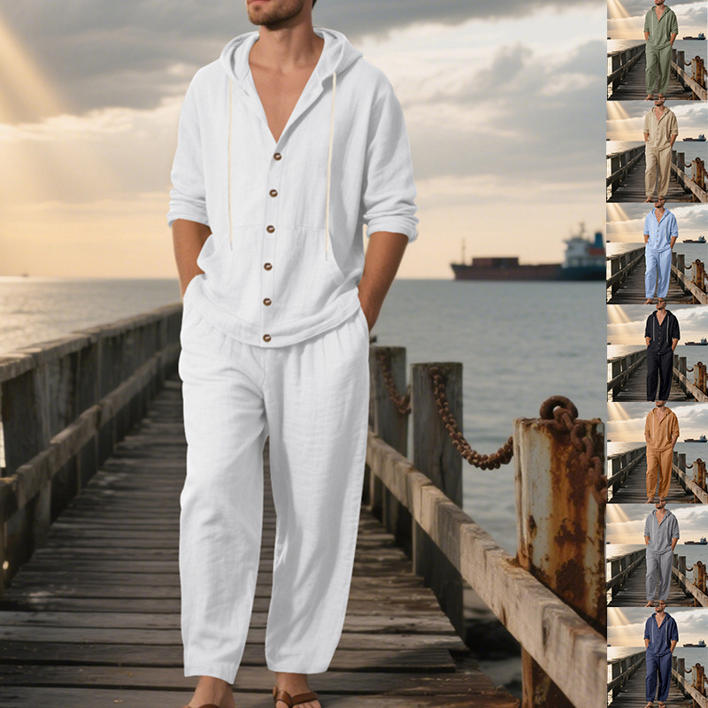 Mens Linen Shirt Long Sleeve - Summer Men's American Loose Linen Hooded