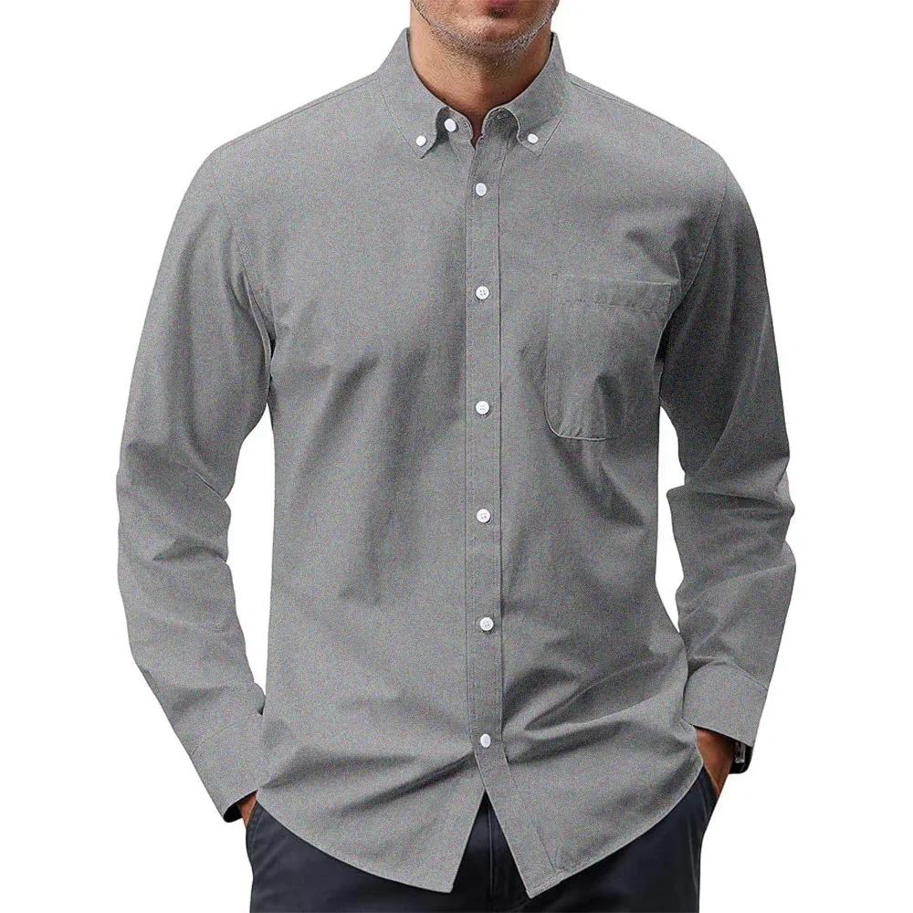 Oxford Cotton Casual Shirt Business - Men's Long Sleeve Shirts Solid Color