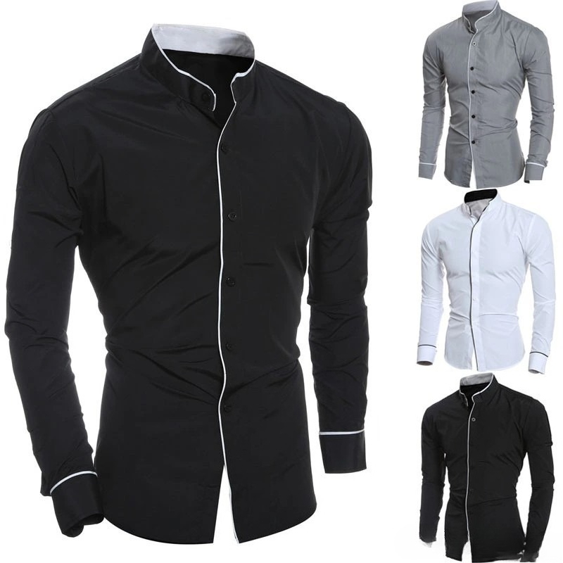 Men Slim Fit Solid Color Long  - Mandarin Collar Formal Shirt Slim Fit ulasan dan harga