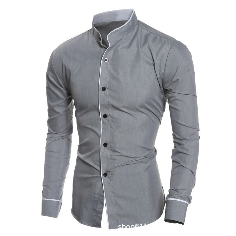 Men Slim Fit Solid Color Long  - Mandarin Collar Formal Shirt Slim Fit ulasan dan harga