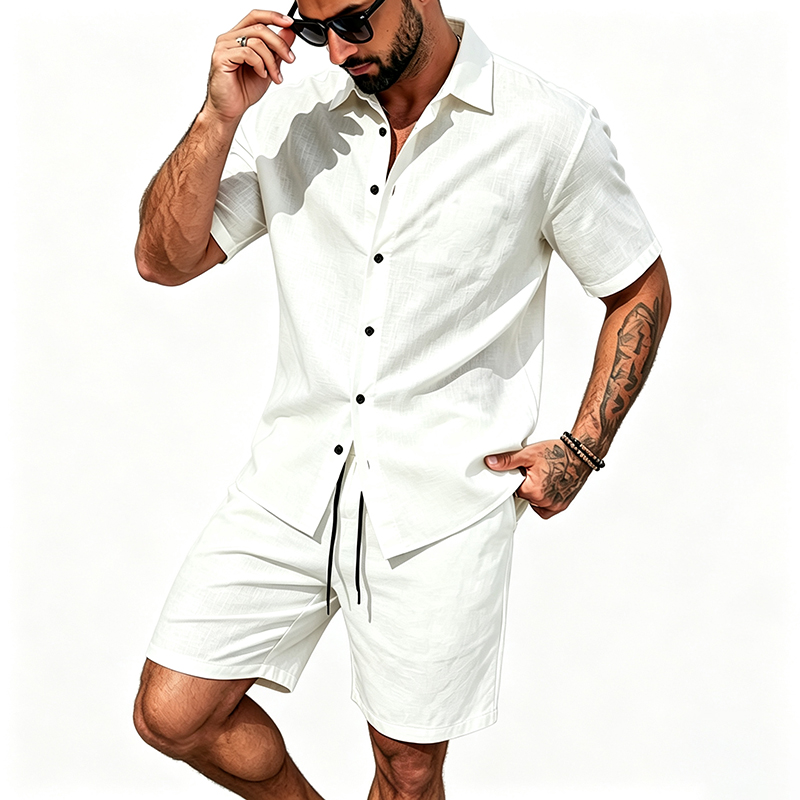Men Linen Two Piece Outfit Sho - Mens Linen Shirt Long Sleeve ulasan dan harga