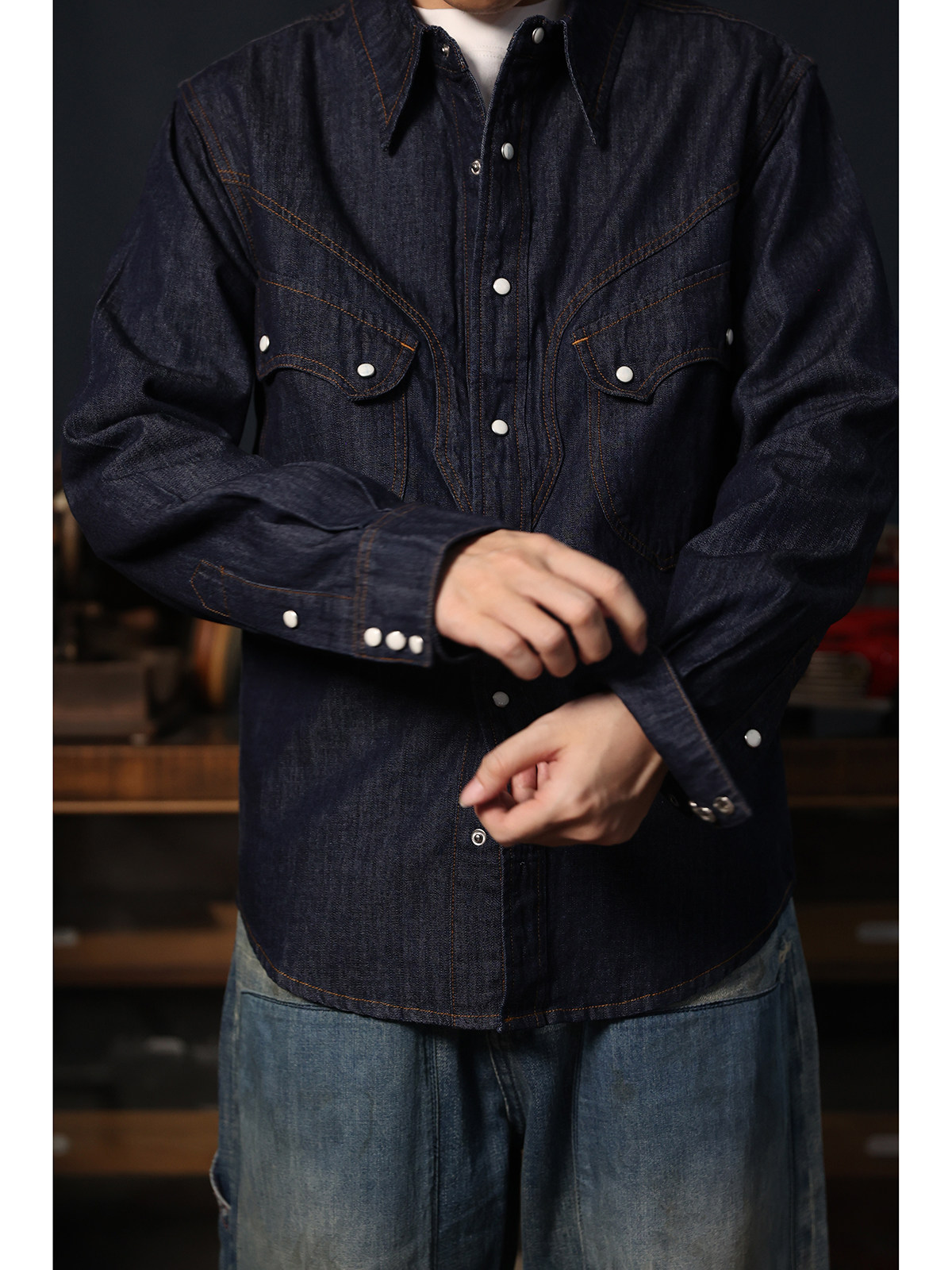 Cowboy Western Snap Shirt Simp - Mens Western Denim Pearl Snap Shirt ulasan dan harga