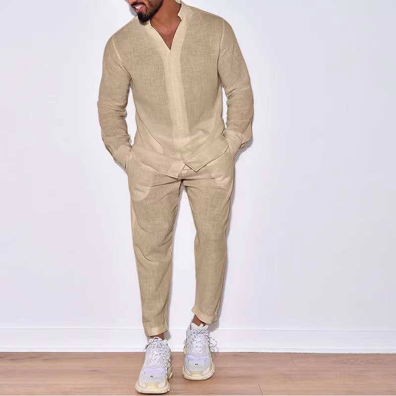 Mens Sets Linen Spring Autumn  - Mens Linen Shirt Long Sleeve ulasan dan harga