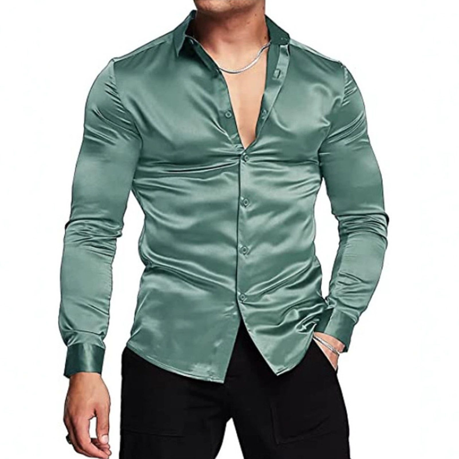 Spring Autumn Silk Satin Shirt - Mens Satin Silk Dress Shirt ulasan dan harga