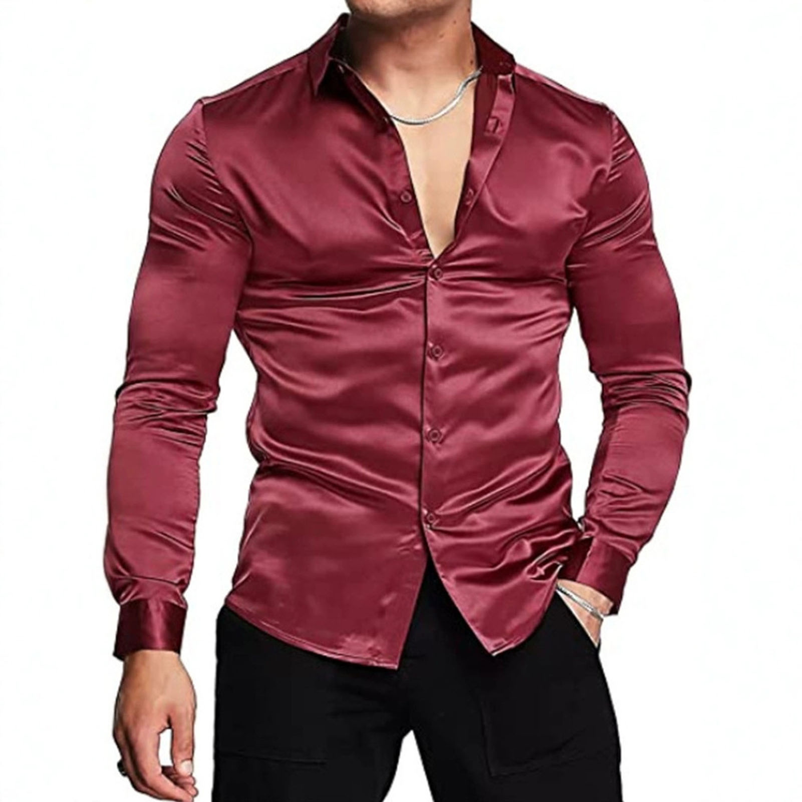Spring Autumn Silk Satin Shirt - Mens Satin Silk Dress Shirt ulasan dan harga