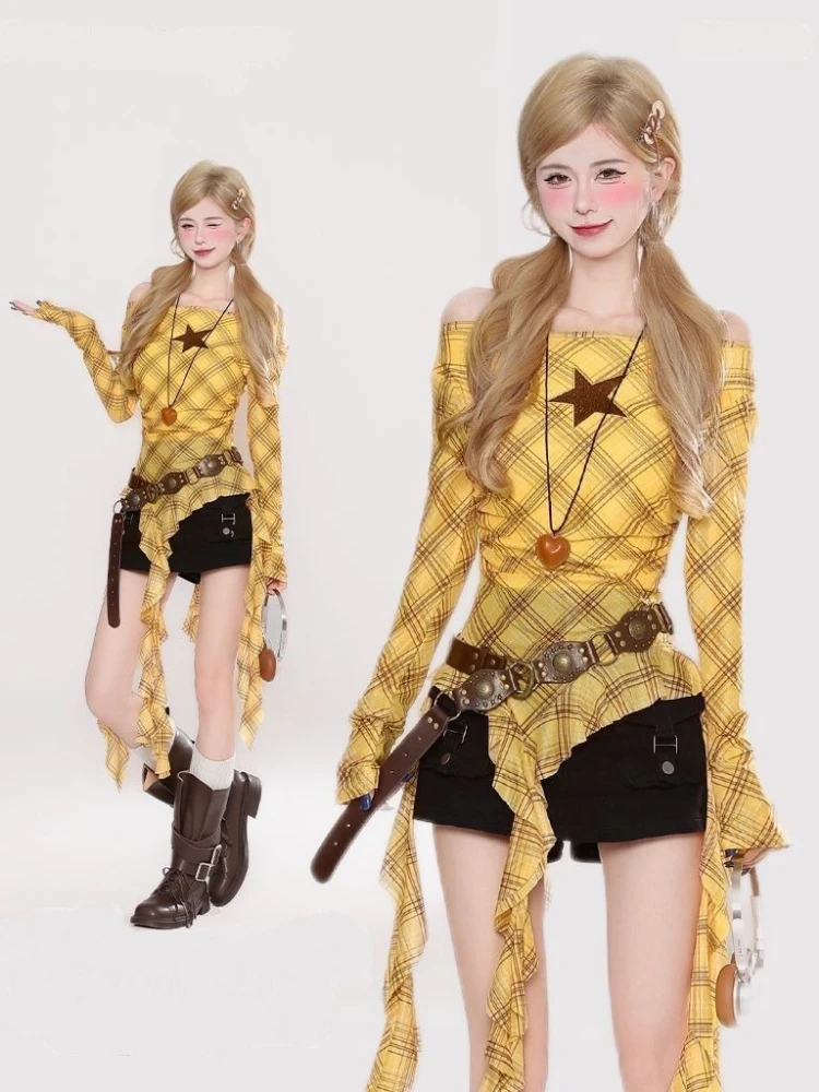Y2K Plaid Slash Neck Vintage T - T-Shirts ulasan dan harga