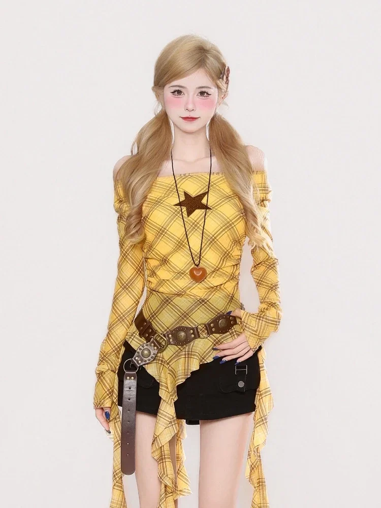 Y2K Plaid Slash Neck Vintage T - T-Shirts ulasan dan harga