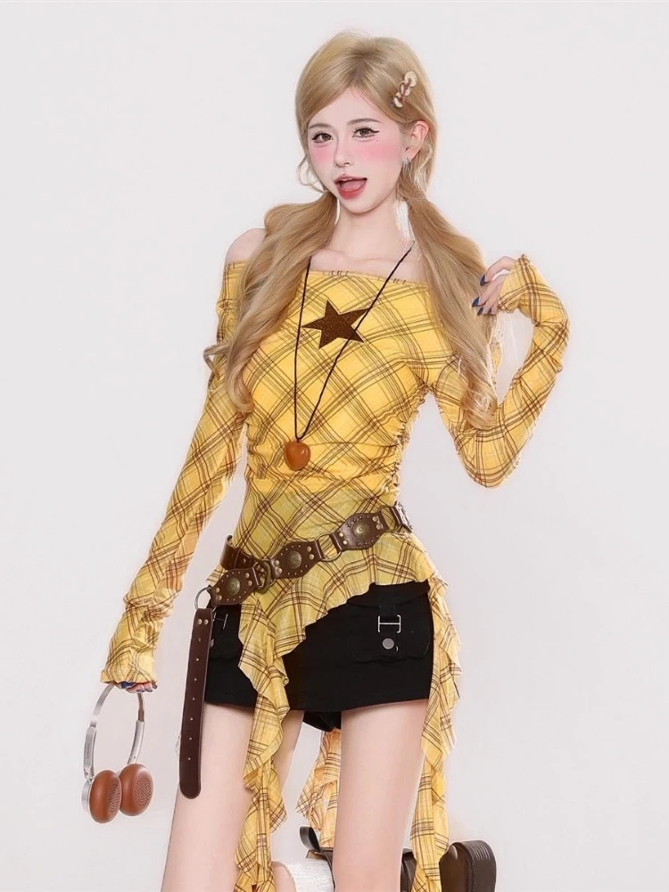 Y2K Plaid Slash Neck Vintage T - T-Shirts ulasan dan harga