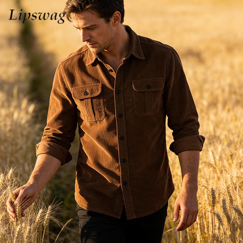 Vintage Solid Color Corduroy S - Corduroy Button Up Shirt Men ulasan dan harga