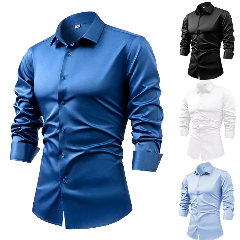 2025 Spring Autumn Royal Blue  - Mens Satin Silk Dress Shirt ulasan dan harga