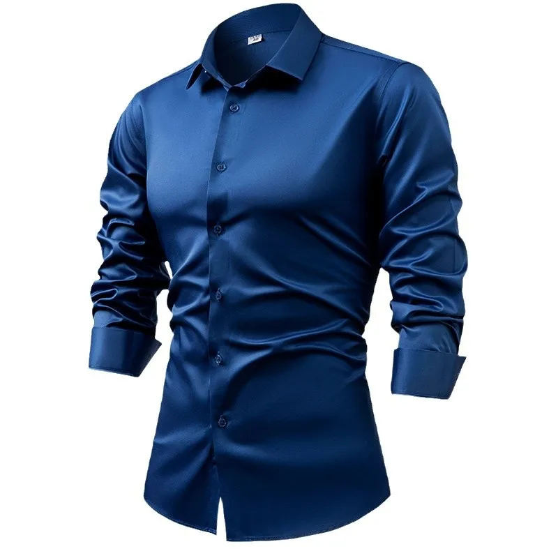 2025 Spring Autumn Royal Blue  - Mens Satin Silk Dress Shirt ulasan dan harga