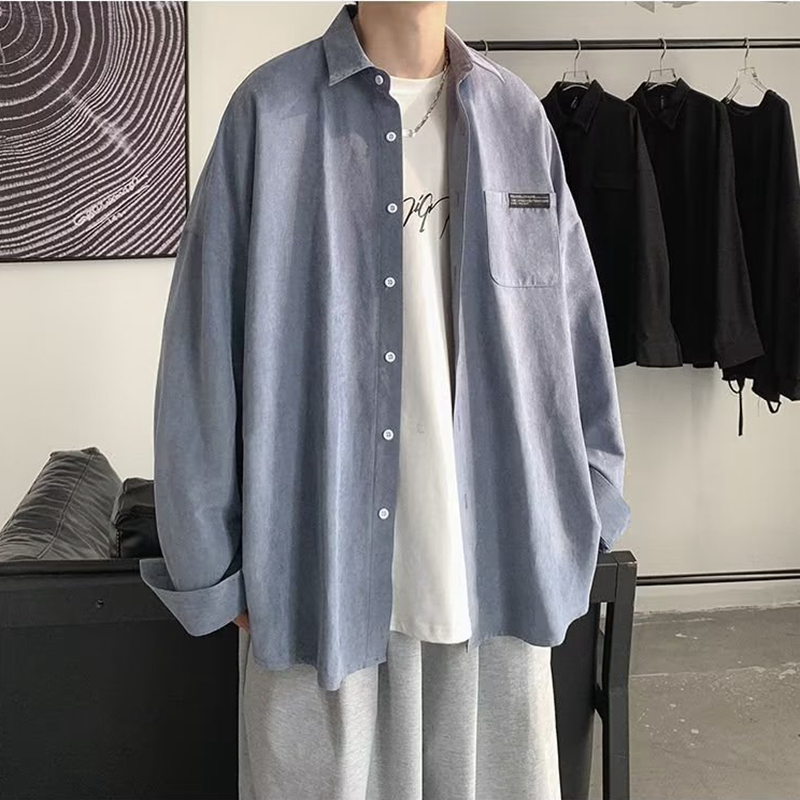 Korean Fashion Black Long Slee - Corduroy Button Up Shirt Men ulasan dan harga