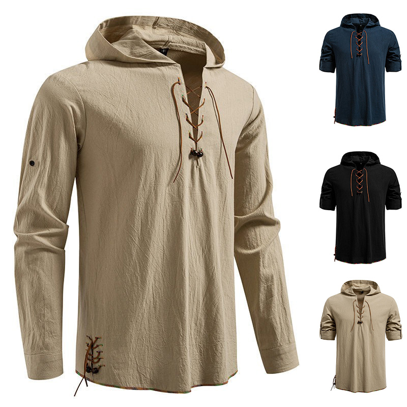 Men's Long Sleeve Hooded T-shi - Medieval Gothic Lace Up Pirate Shirt ulasan dan harga
