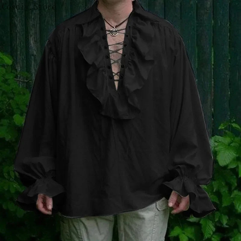 S-5XL Medieval Pirate Hallowee - Medieval Gothic Lace Up Pirate Shirt ulasan dan harga
