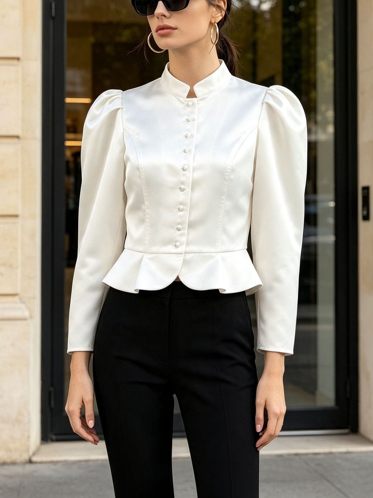 Peplum Blouse Long Sleeve Puff - Mandarin Collar Formal Shirt Slim Fit ulasan dan harga