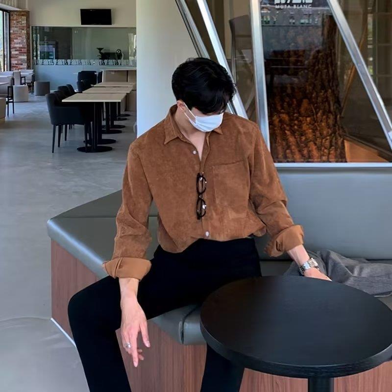 Men Corduroy Long Sleeve Black - Corduroy Button Up Shirt Men ulasan dan harga