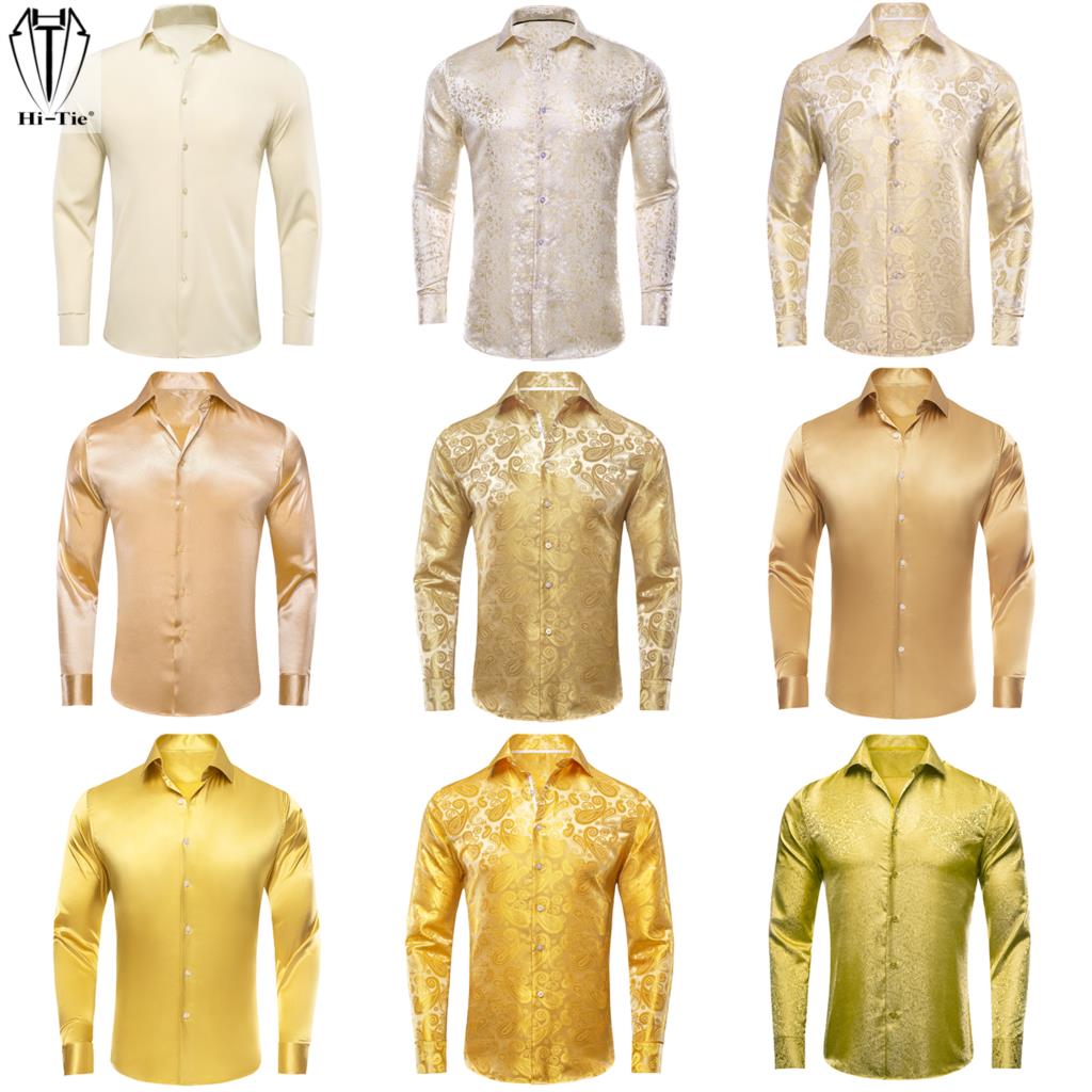 Hi-Tie Gold Beige Ivory Champa - Mens Satin Silk Dress Shirt ulasan dan harga