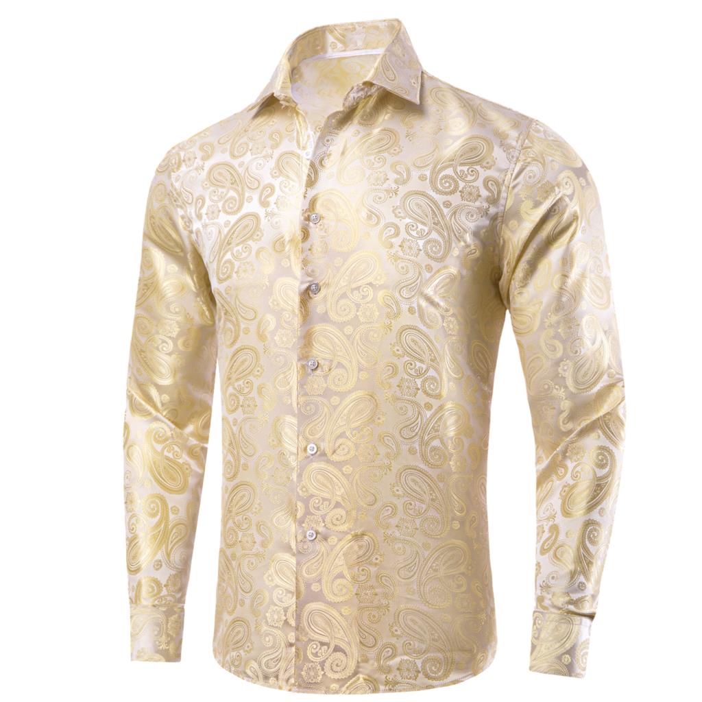 Hi-Tie Gold Beige Ivory Champa - Mens Satin Silk Dress Shirt ulasan dan harga