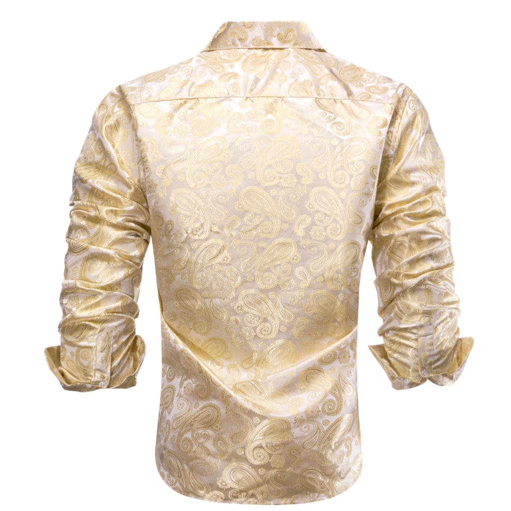 Hi-Tie Gold Beige Ivory Champa - Mens Satin Silk Dress Shirt ulasan dan harga