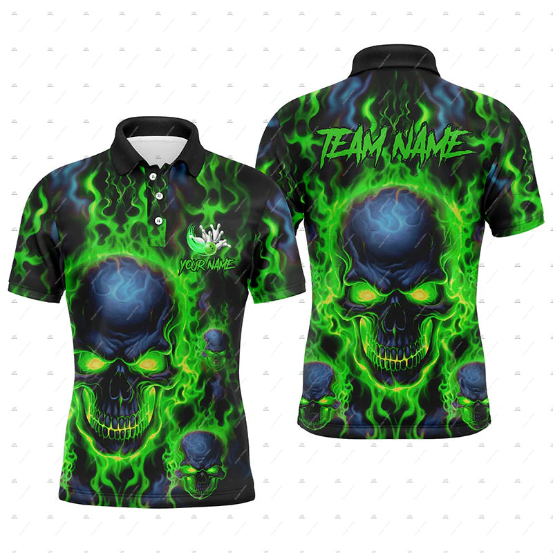 Custom Name Bowling Skull Flam - Short Sleeve Bowling Shirt Retro ulasan dan harga