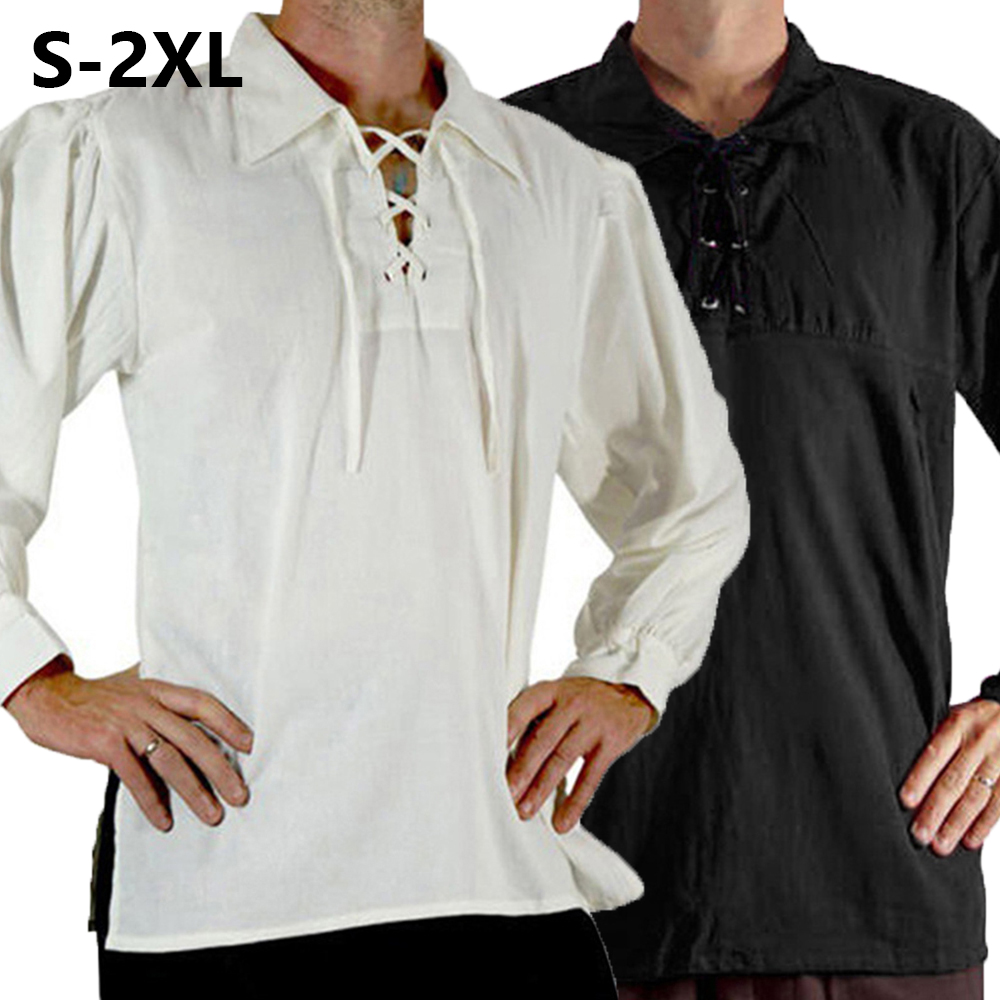 Men Medieval Renaissance Costu - Medieval Gothic Lace Up Pirate Shirt ulasan dan harga