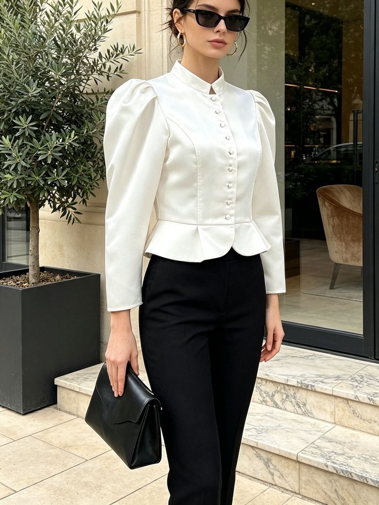 Tossy Peplum Blouse Long Sleev - Mandarin Collar Formal Shirt Slim Fit ulasan dan harga