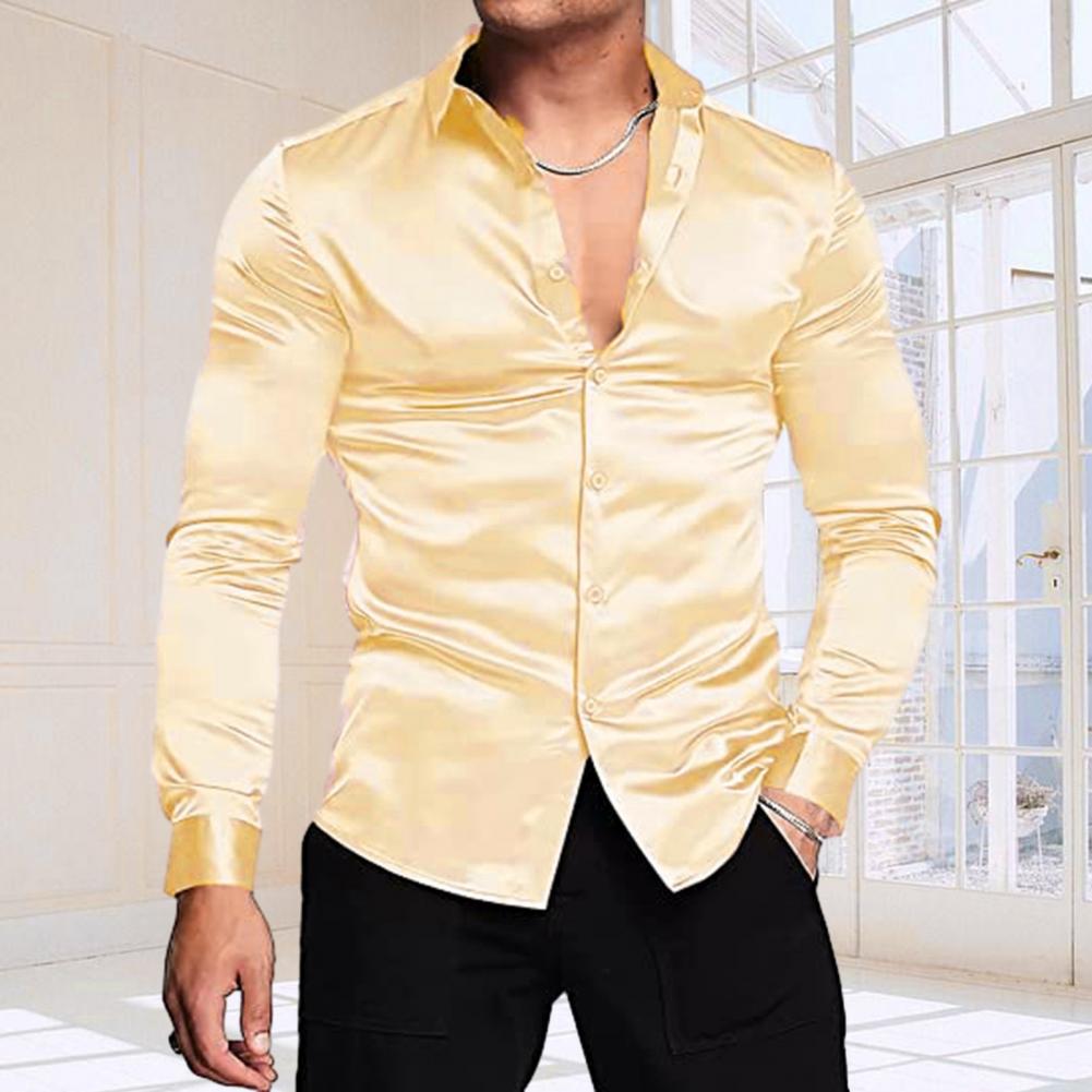 Stylish Men Shiny Silk Like Sa - Mens Satin Silk Dress Shirt ulasan dan harga